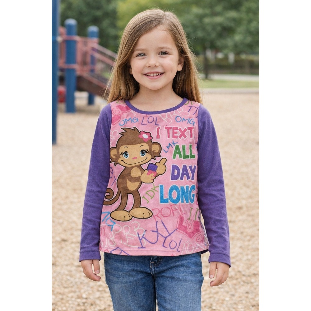 Girls Top Fleece Long Sleeve Monkey I Text All Day Pink Purple Lounge Size 7/8
